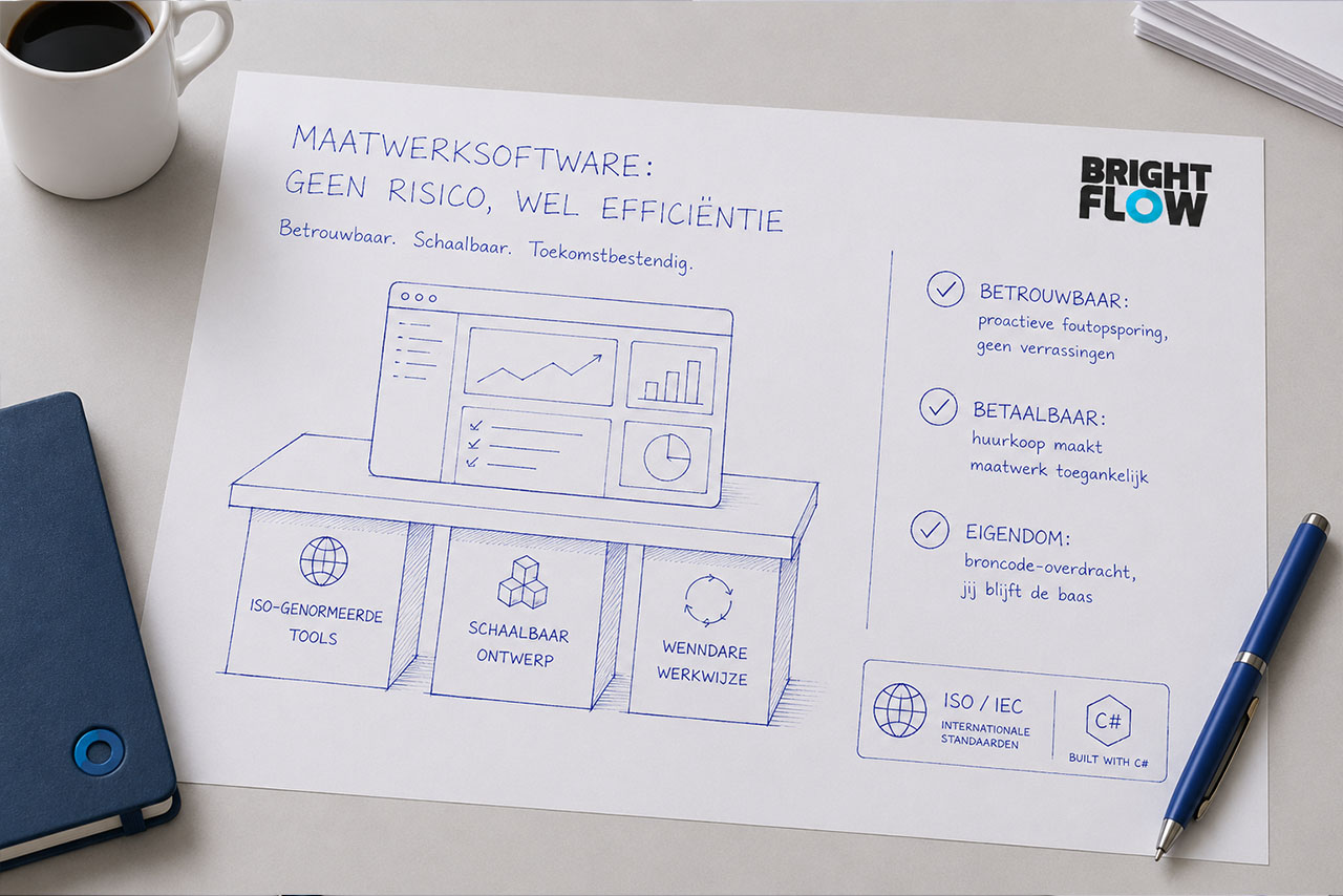Een goede software-ontwikkelaar werkt ISO-genormeerd, schaalbaar en met een wendbare werkwijze, met foutopsporing, huurkoop en broncode-overdracht als extra's van BrightFlow