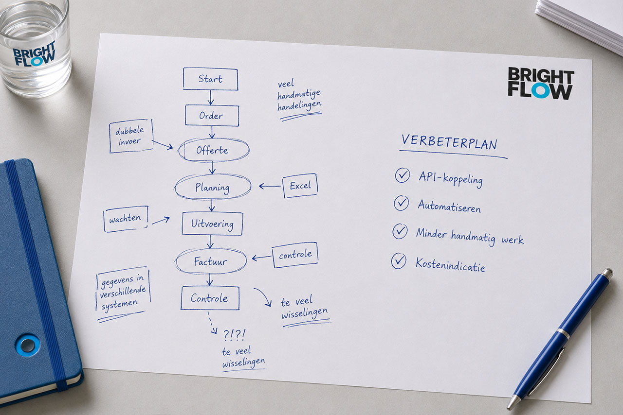 Proceskaart met knelpunten als dubbele invoer en handmatig werk, naast het verbeterplan met API-koppeling, automatiseren en kostenindicatie