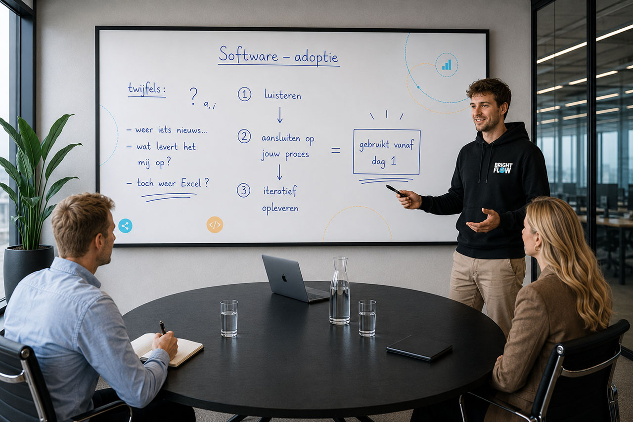 Een teamlid in BrightFlow-hoodie presenteert het software-adoptieplan op een whiteboard aan twee collega's: van de twijfels van het team, via luisteren, aansluiten op je proces en iteratief opleveren, naar software die het team vanaf dag één gebruikt.