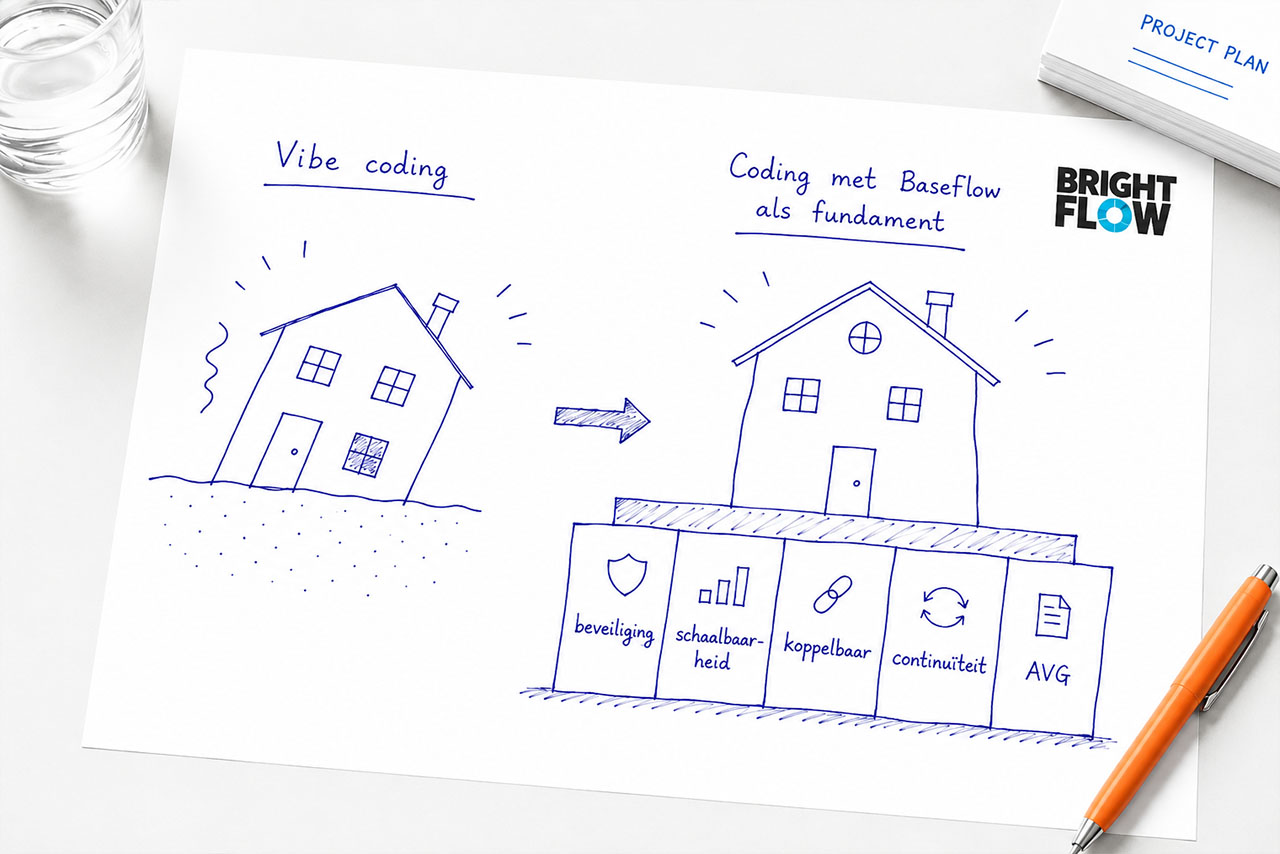 Illustratie: vibe-coded software als huis op los zand versus software met BaseFlow als stevig fundament (beveiliging, schaalbaarheid, koppelbaarheid, continuïteit, juridisch)