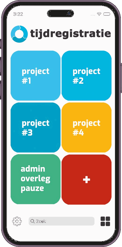 TimeFlow interface met kleurrijke projecttegels